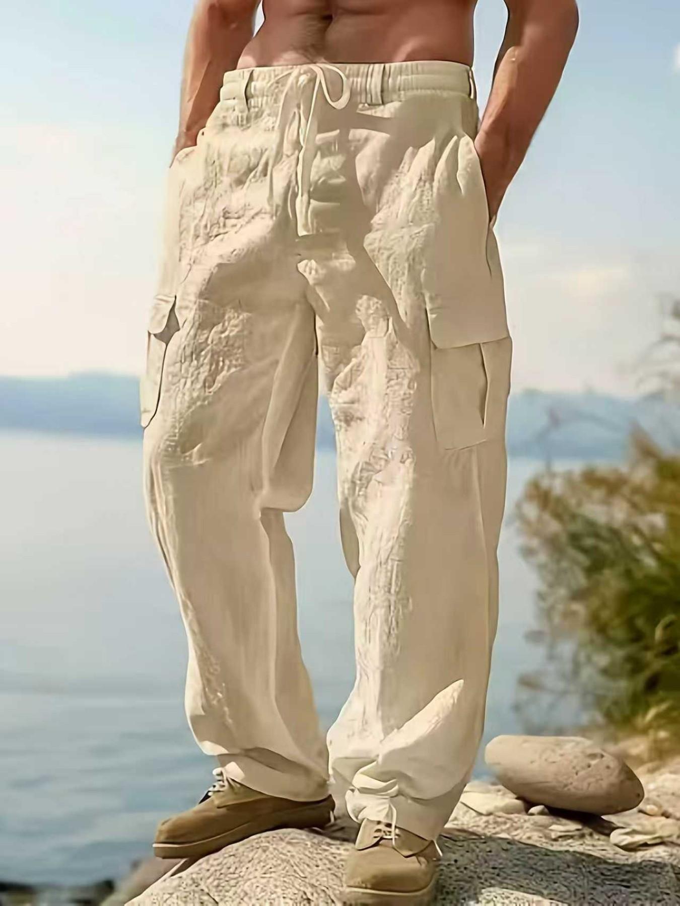 2026 Fashion Comfy Men's Linen Cargo Pants for Outdoor Beach, Drawstring Multi-Pocket Straight Leg Breathable Classic Casual Long Pants 2026 Fashion Comfy Men's Linen Cargo Pants for Outdoor Beach, Drawstring Multi-Pocket Straight Leg Breathable Classic Casual Long Pants