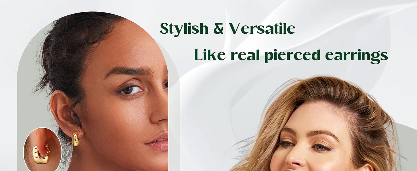 YADOCA 3Pairs Clip on Earrings for Women Trendy Stocking Stuffers Hypoallergenic 14K Plated Gold Chunky Tube Croissant Waterdrop Clip-on Hoop Earrings Set Fake Jewelry Non Pierced Ears