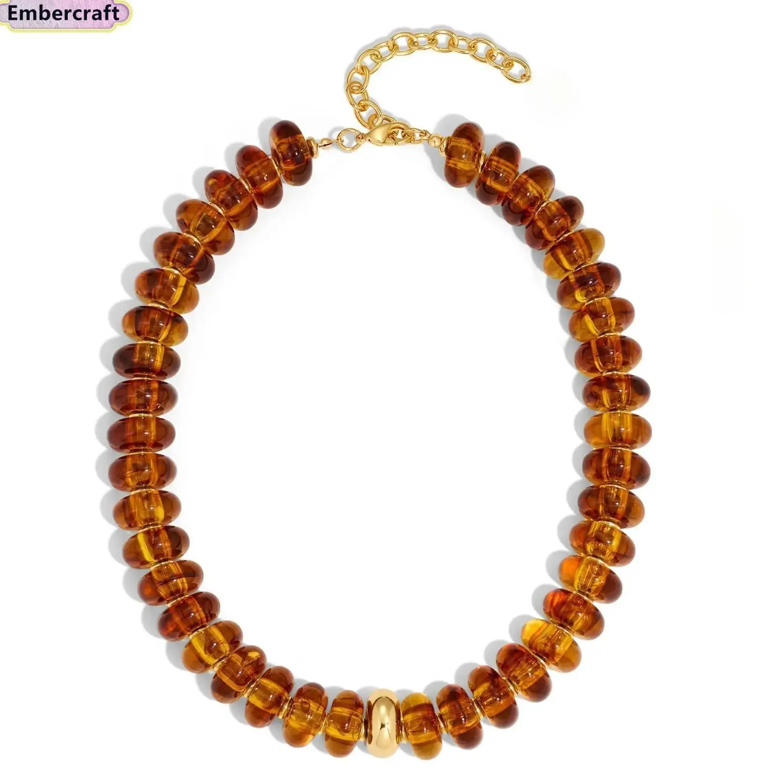 Women's Viral Aesthetic Amber Chunky Beaded Choker Necklace - Disc Beads, Gold Accent, Vintage Tortoiseshell-Inspired Statement Piece, Adjustable Chain, Retro Fall Must-Have, Layering Accessory, Accessory Goals