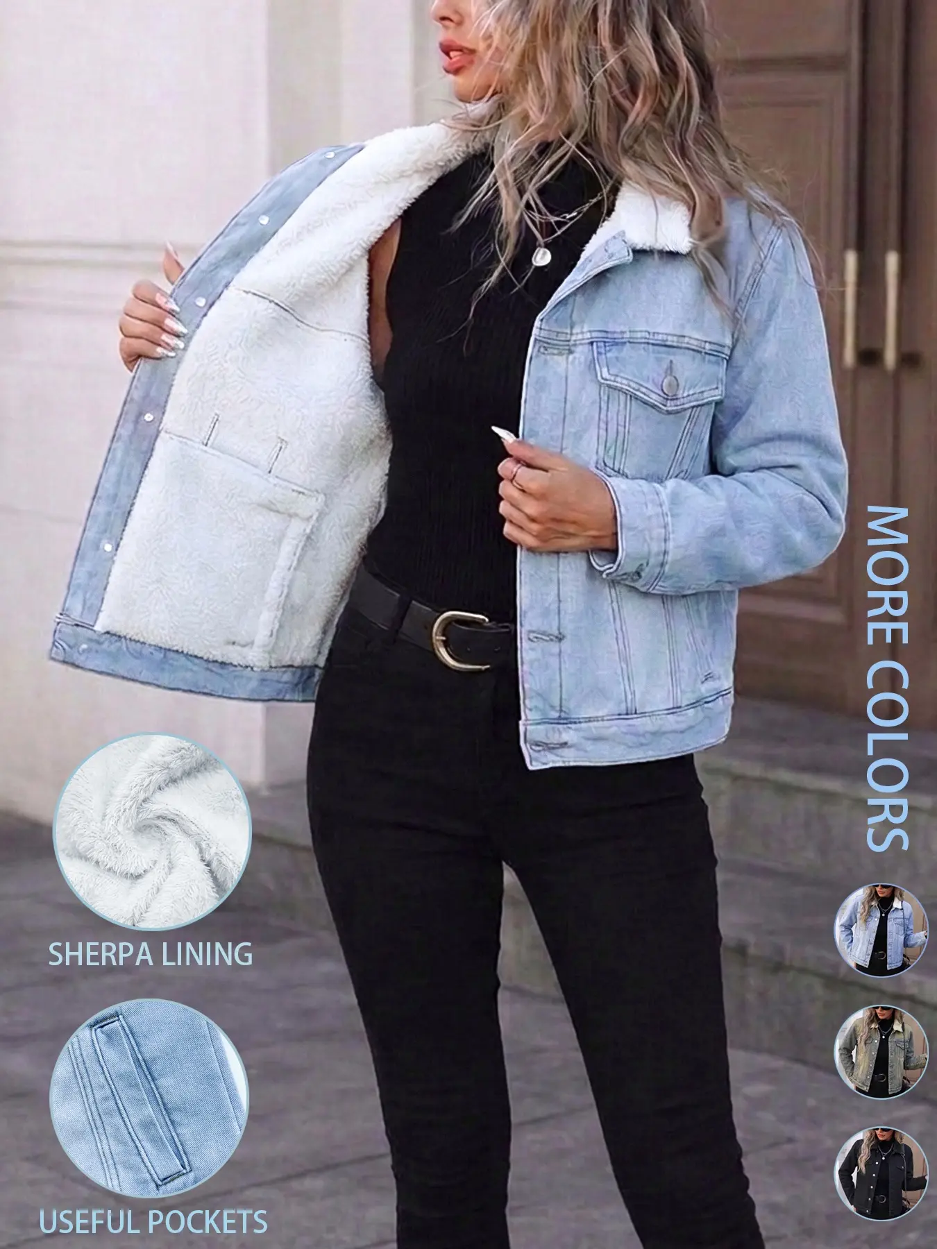 Women's Fall Winter Chic Fashion Denim Jacket with Long Sleeves, Pockets, Elegant Collared Lapel Single Button Fleece Lined Warm Coat, Casual Versatile Outerwear
