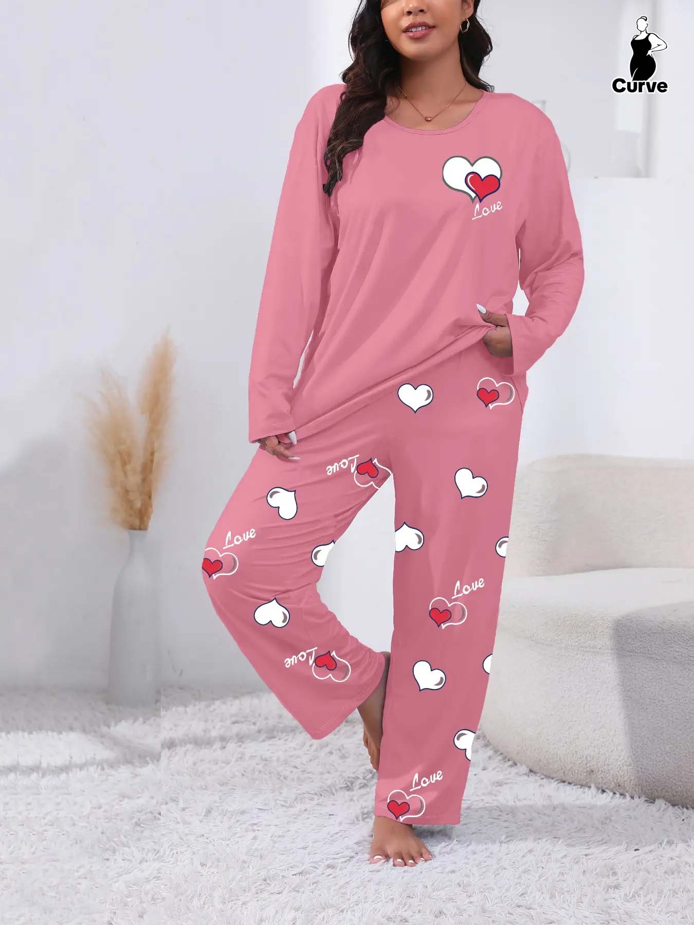 Plus Size Heart Letter Print Comfortable 2-Piece Set, Casual Long Sleeve Pajama Pants Suit, All Seasons Fitted Knit Fabric Loungewear, Nightwear