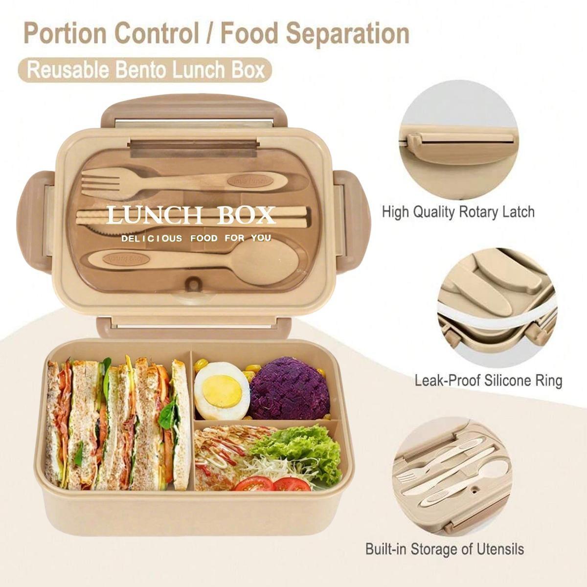 Leak-Proof Bento Box with Utensils, Microwave Safe, 3 Compartment Design, School & Work Lunchbox, Outdoor Meal Container, Safety Lock Lid
