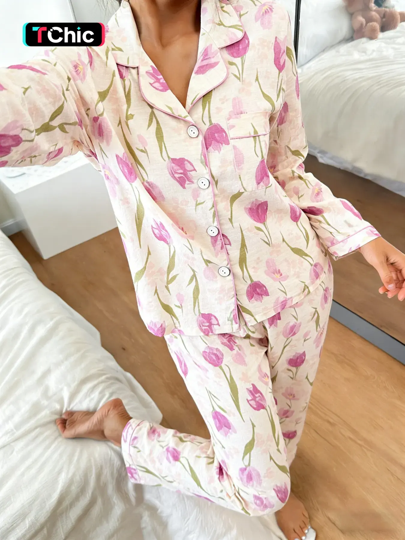 Women's Long Sleeve Pyjama Set, Tulip Flower All over Print, Soft Breathable Home Wear, Loungewear, Casual Loose Fit, Ankle Length, Spring & Fall, Pajama Set, Nightwear, Pajamas