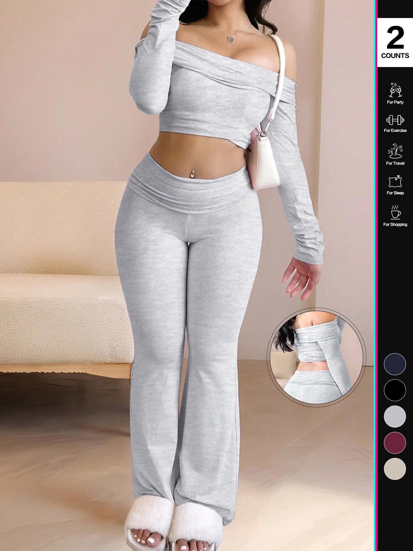 Women's Two-Piece Set, Off-The-Shoulder Long Sleeve Crop Top & Pants, Solid Color, Basic Casual Loose-Fitting, All Seasons, Stylish Women's Clothing