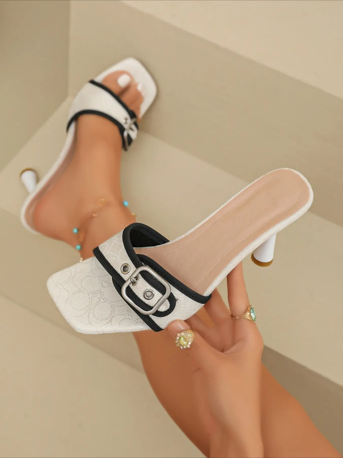 Red-black printed square toe stiletto mules with metal buckle, two colors available, open toe slip-on design, stylish high heels for dating and daily outings, Buckle Heeled Sandals