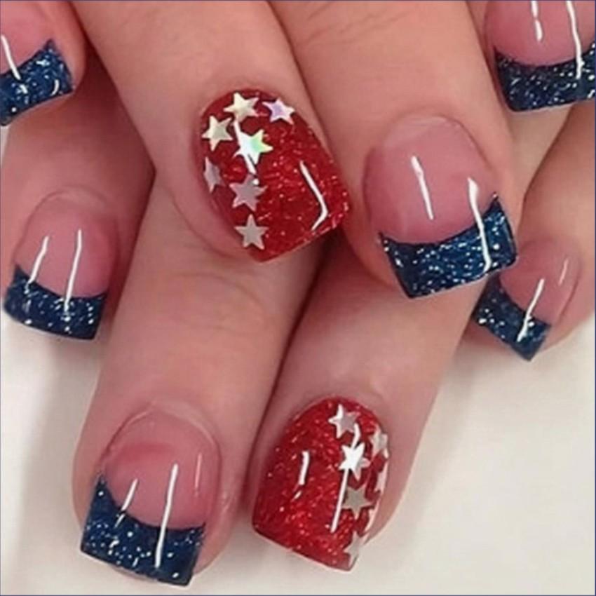 24-Piece Blue Glitter Star Nail Art Set, Full Size Fits, Holiday Atmosphere Wearable Nails, Independence Day Party/everyday Use