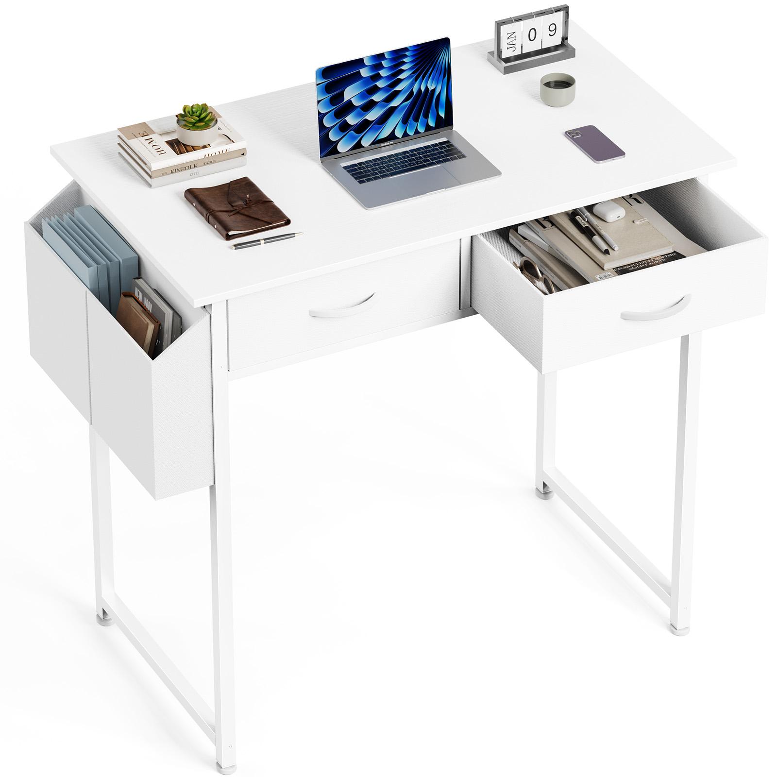 White Computer Desk w/ Storage Drawers - 32x15.7 Inch Office Desk, 2-Tier Drawer, Modern Design for Home, Bedroom, Study
