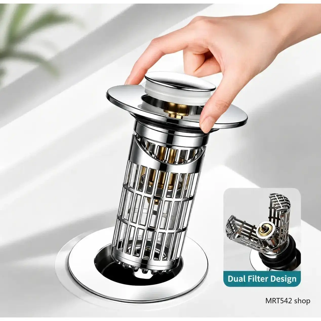 2-Pack Universal Pop-Up Bathroom Sink Stopper and Drain Strainer – With Removable Basket (Anti-Clog Hair Catcher)
