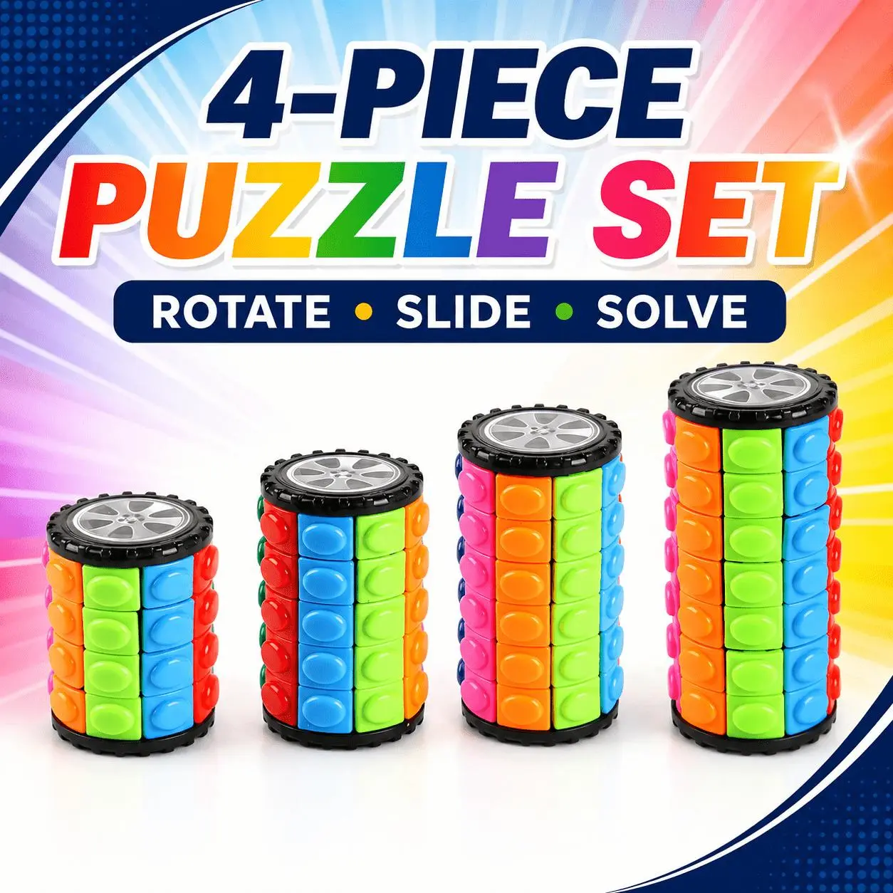 4 PCS Unisex Plastic Cylinder Shape Cylindrical Twist Sliding Puzzle Toy, Logic Training Desktop Stress Relief Game Set for 3–4 Years Old