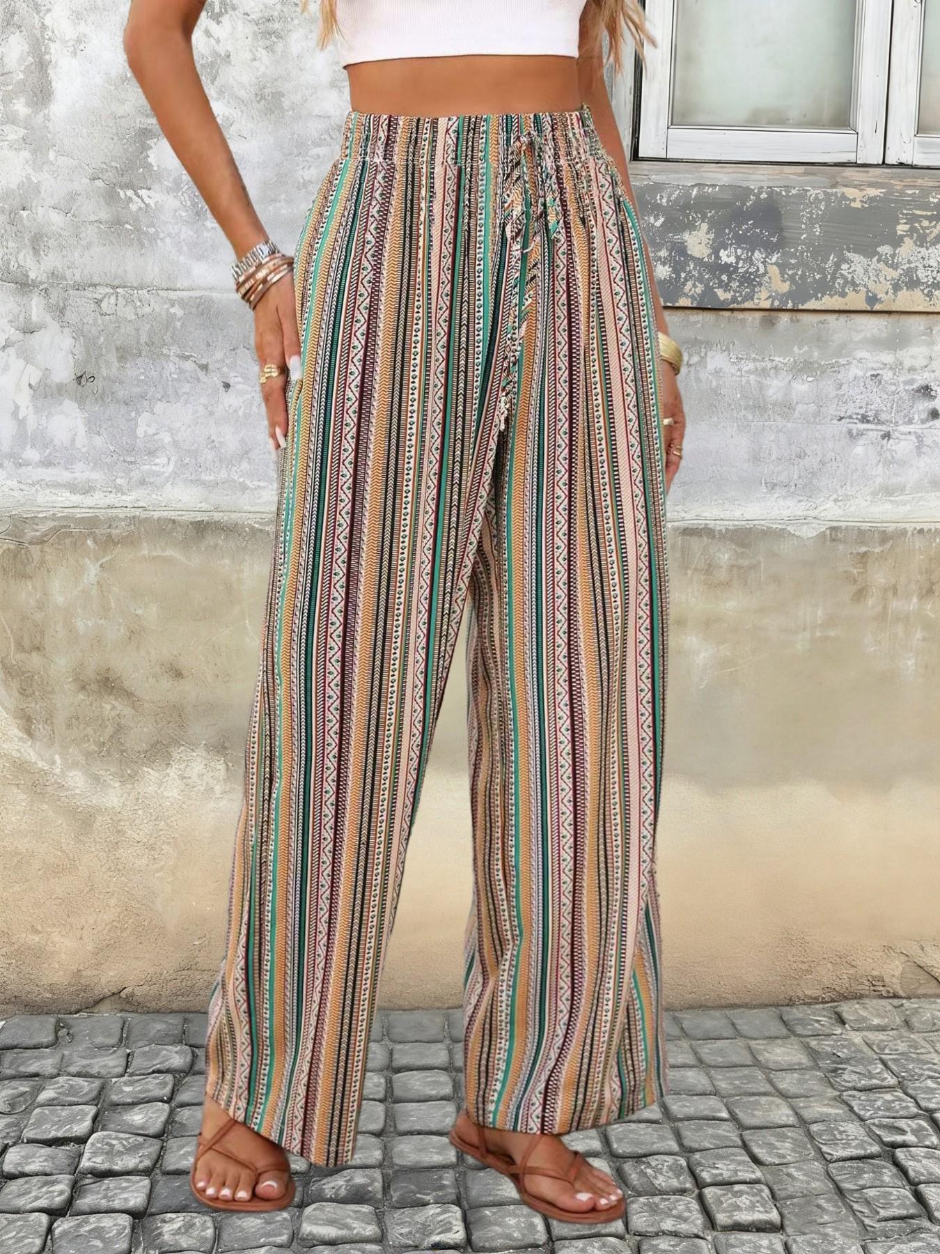 Women's Bohemian Striped Wide Leg Pants, Elegant High Waist Elastic Waistband, Casual Loose Fit, Perfect for Beach and Daily Wear