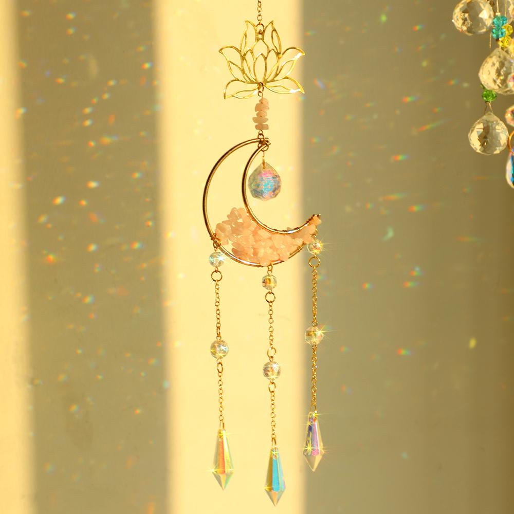 Moon and Lotus Prism Suncatcher Natural Stone Dreamcatcher Hanging Crystal Sun Catcher Rainbow Maker Garden Window Decoration