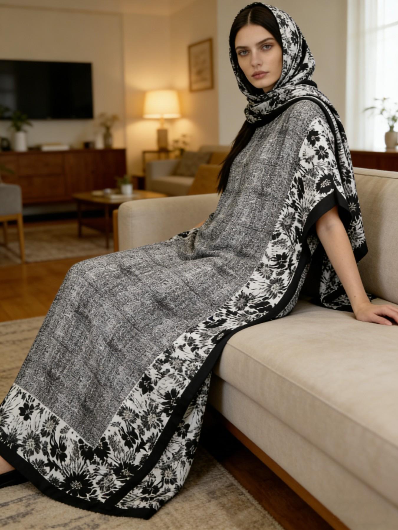 1dress+1scarf Viral Camel Tie-Dye Print Satin Kaftan Maxi Dress with Matching Scarf – Silky Loose Fit, Plus Size Friendly, Luxury Loungewear, Beach Cover Up & Evening Party Wear, Must-Have Resort Fashion Piece