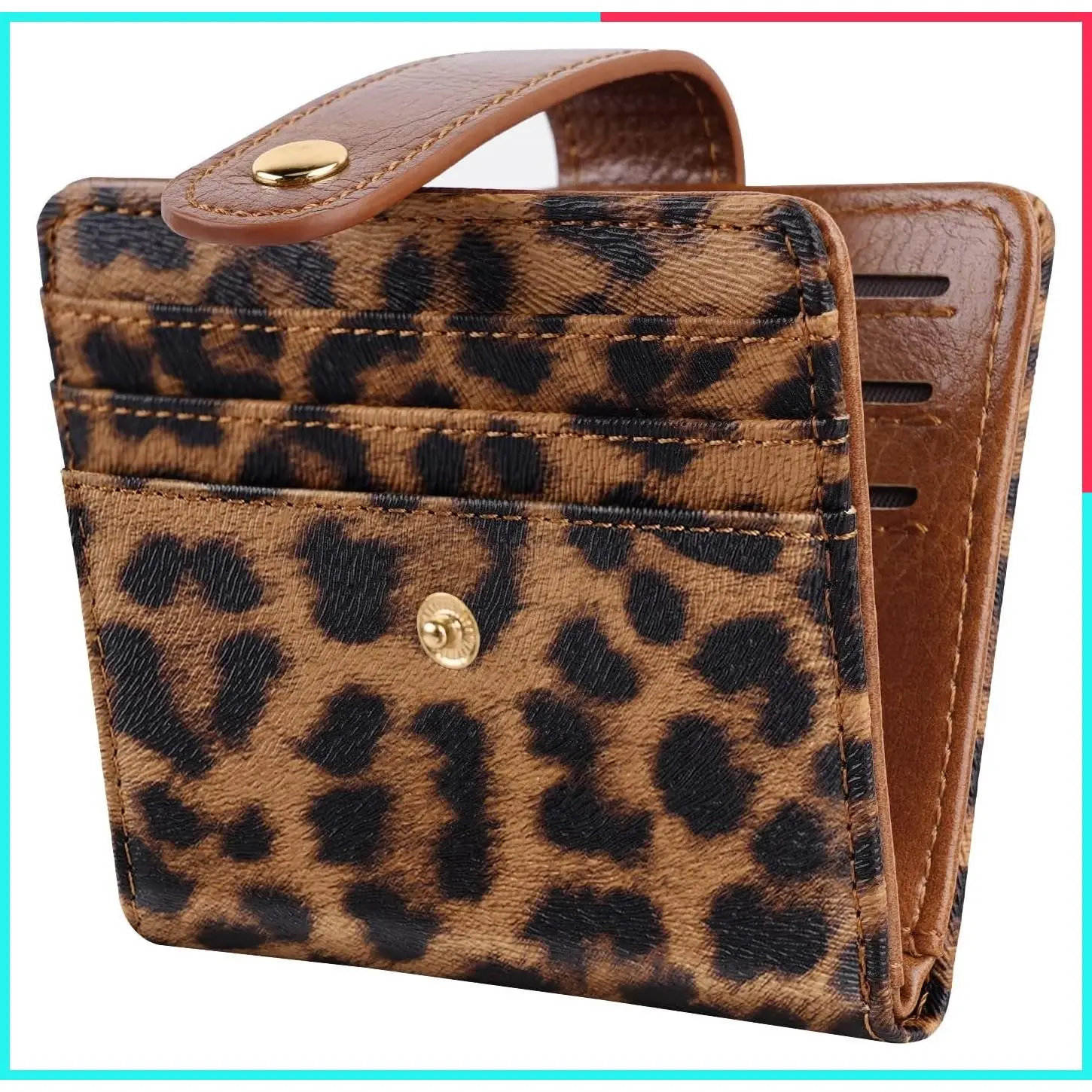 Slim Minimalist Bifold Wallet for Women with RFID Blocking and Zipper Coin Pocket, Leopard Cheetah Print Vegan Leather Credit Card Holder, Compact Thin Purse