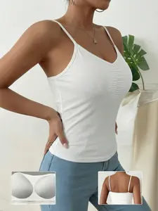 Women's Ribbed Bra Cami Tank Top - V Neck Ruched Front, Padded Adjustable Spaghetti Strap Camisole, Wire-Free All-in-One Undershirt