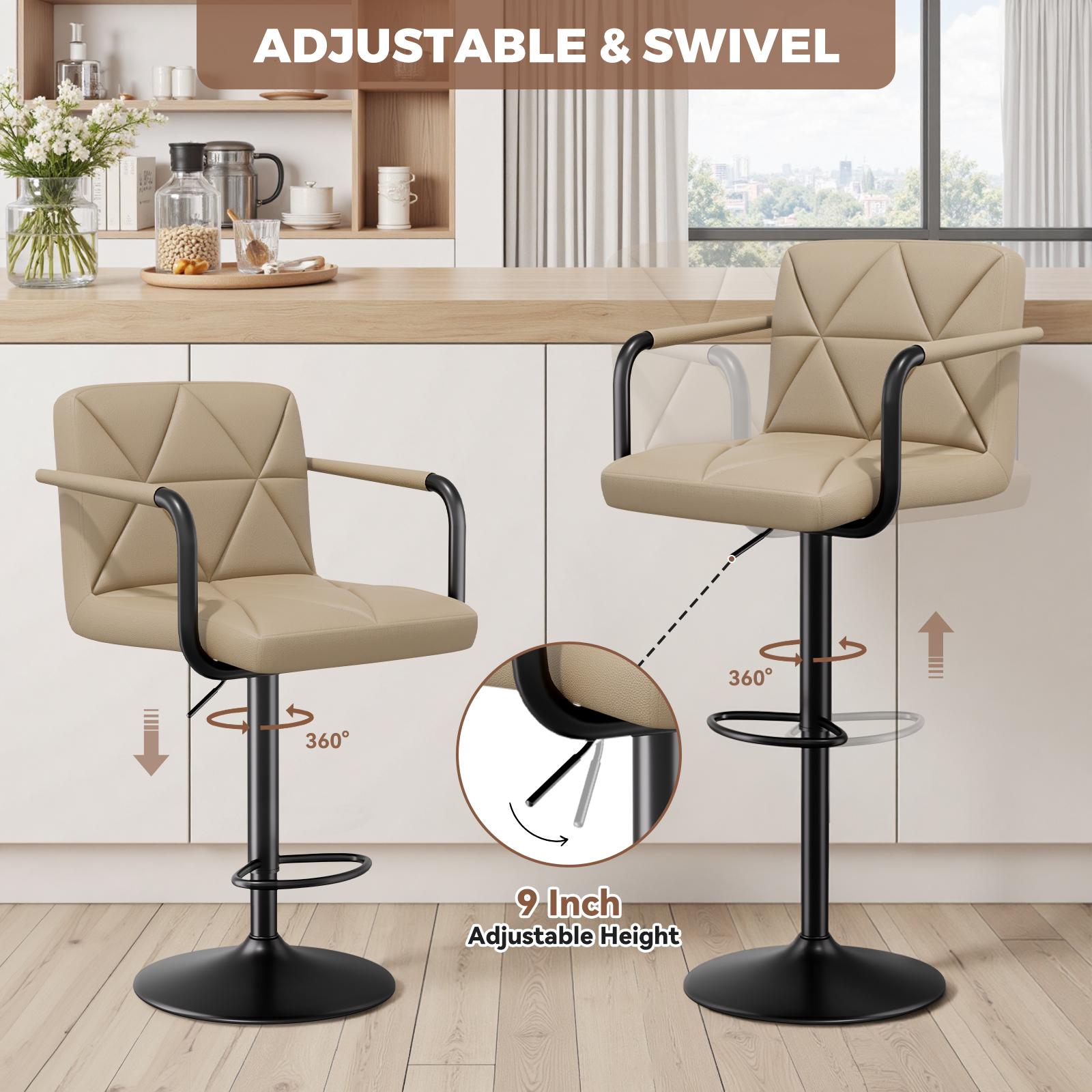 Set of 2 Barstools, Adjustable Height 25.5-34.5 IN with Back & Arms, Swivel PU Leather Upholstered Counter Height Bar Chairs
