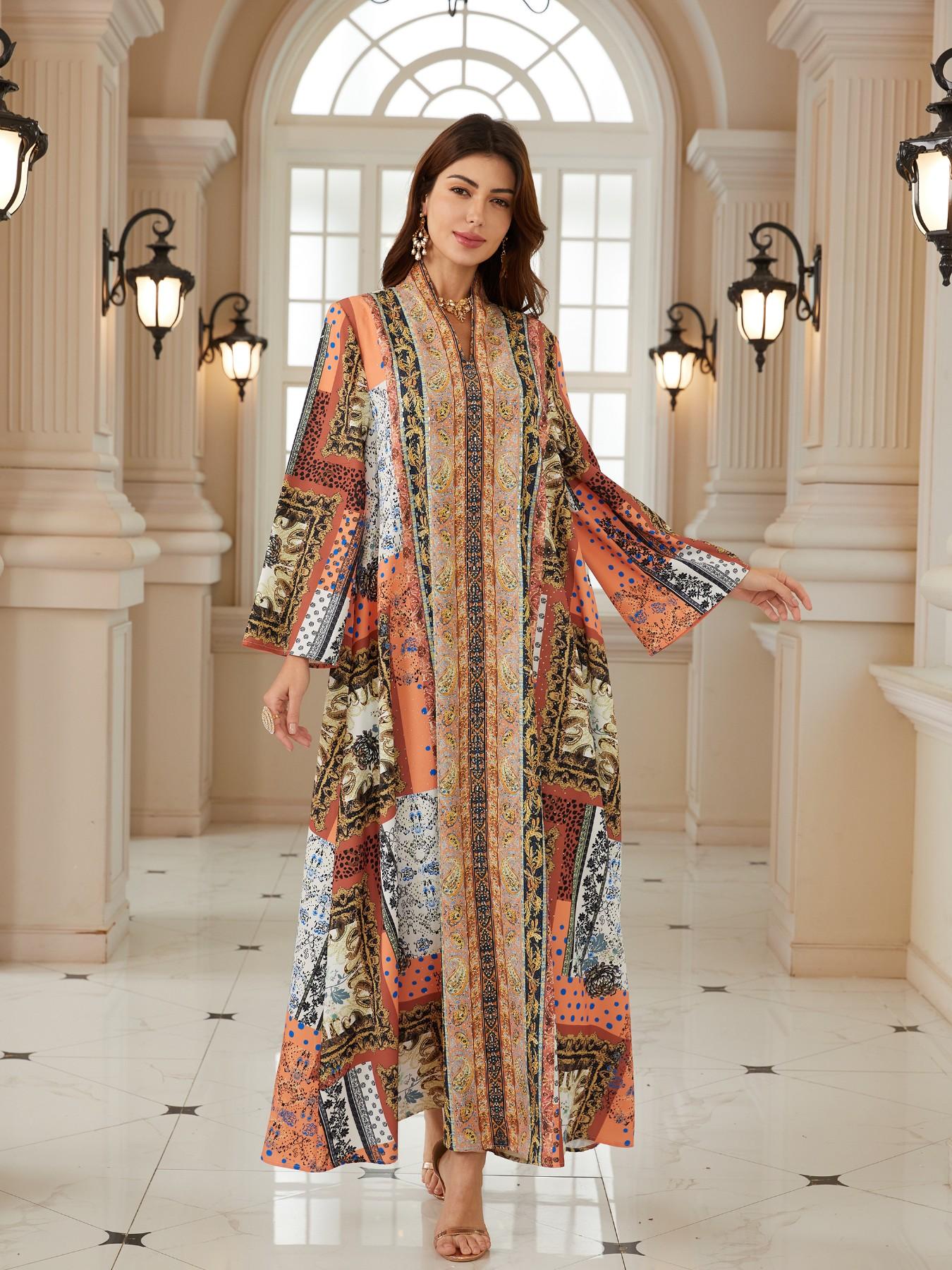 Middle Eastern Ramadan Women's Vintage Patchwork Paisley Rhinestone Long Robe, Dubai Style Festival Evening Gala Kaftan Abaya