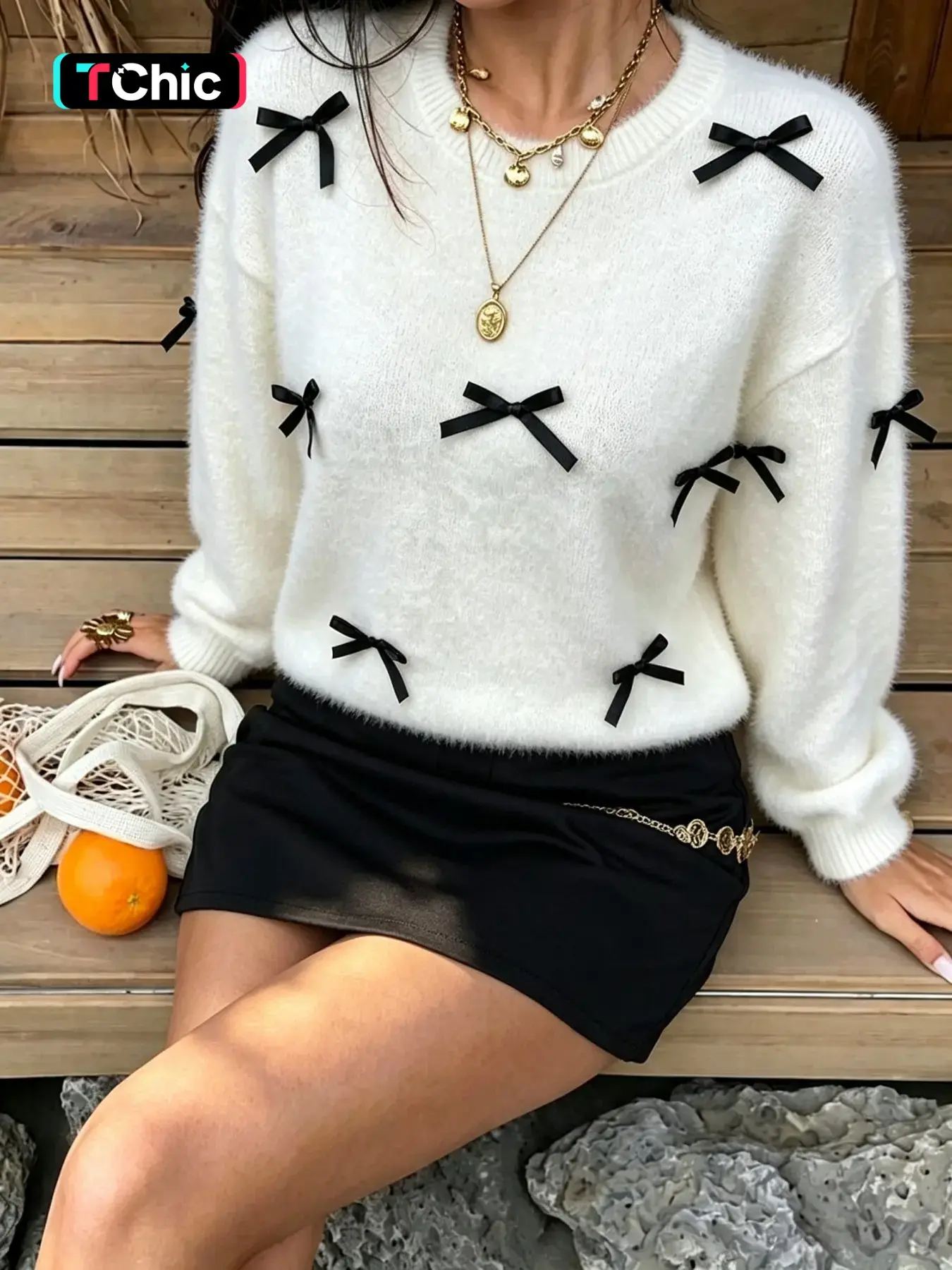 Autumn Winter Faux Fox Fur Pullover, Handmade Bow Design Sweet Sweater, Casual Fitted Top, Unlined, Batch Number 20260715