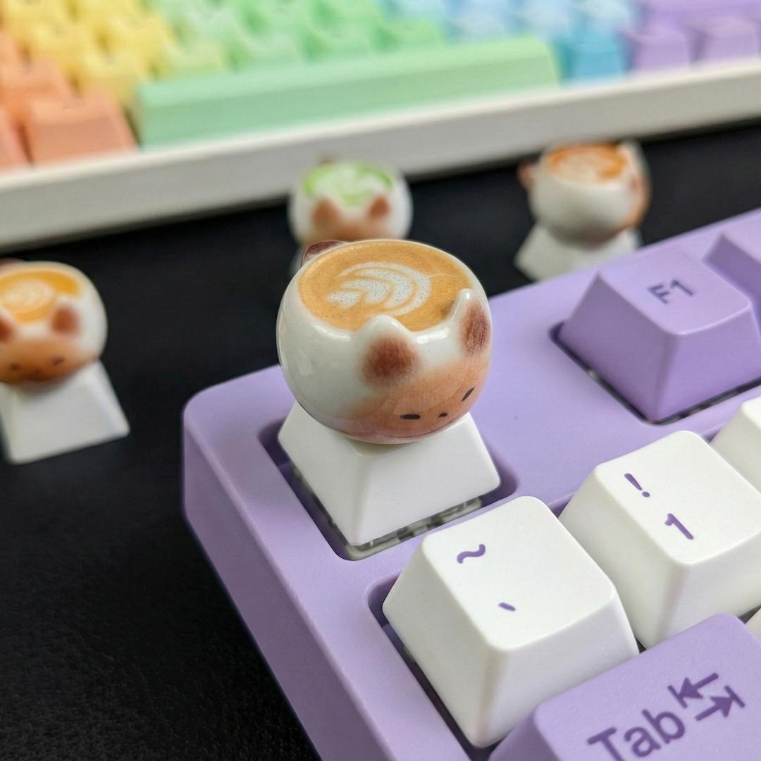 Cute Thai Cat Coffee Cartoon Keycaps, Kawaii Pbt Mechanical Keyboard Caps, Customizable DIY Anime Game Accessories Gift