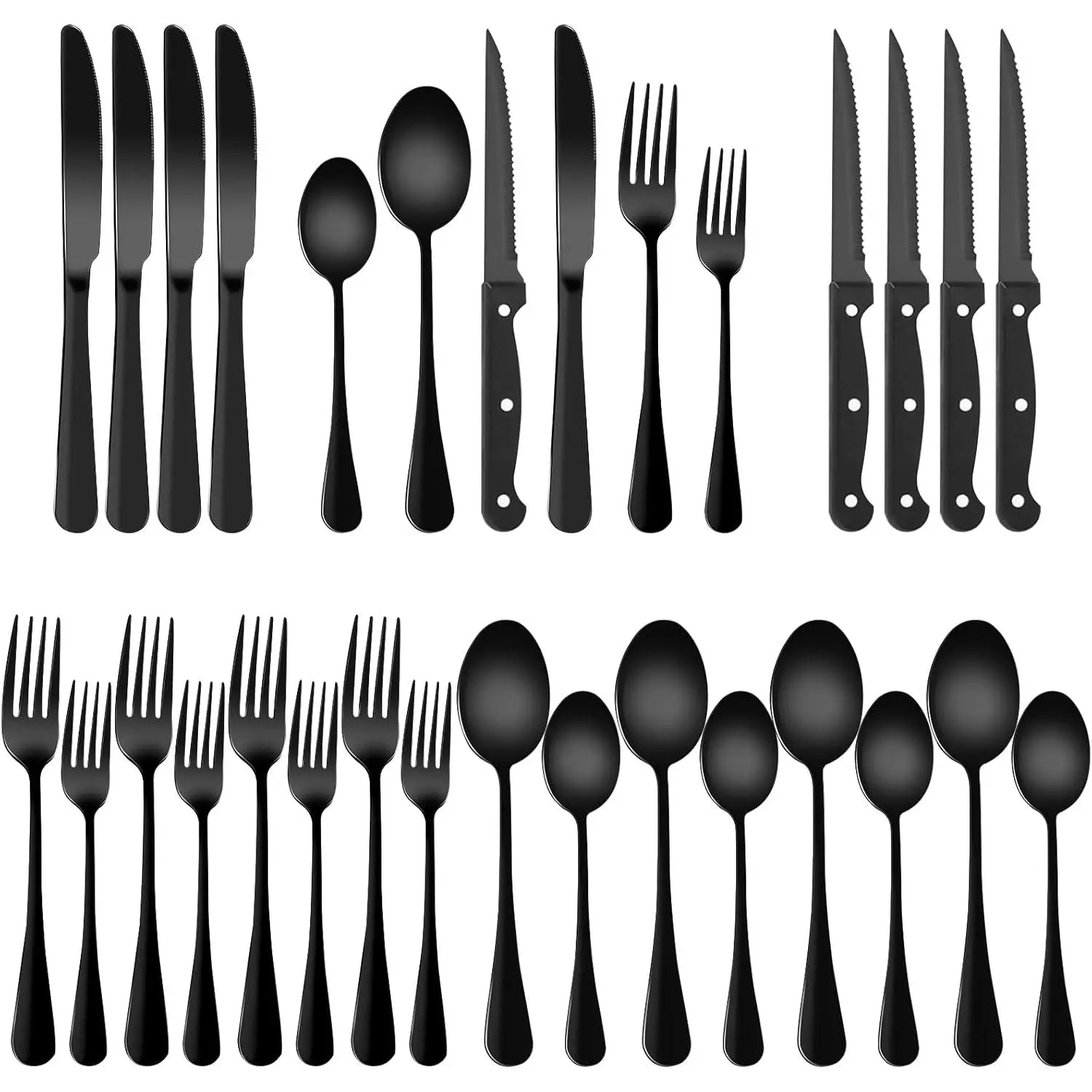 Adult 24-Piece Matte Black Luxe BPA-Free Stainless Steel Dinner Utensil Set - Durable Cutlery Kit with Elegant Curved Pieces, Heat Resistant Everyday Dinnerware Sets (Utensils Included), Hand Wash Ideal Christmas Gift for Families,sohochic