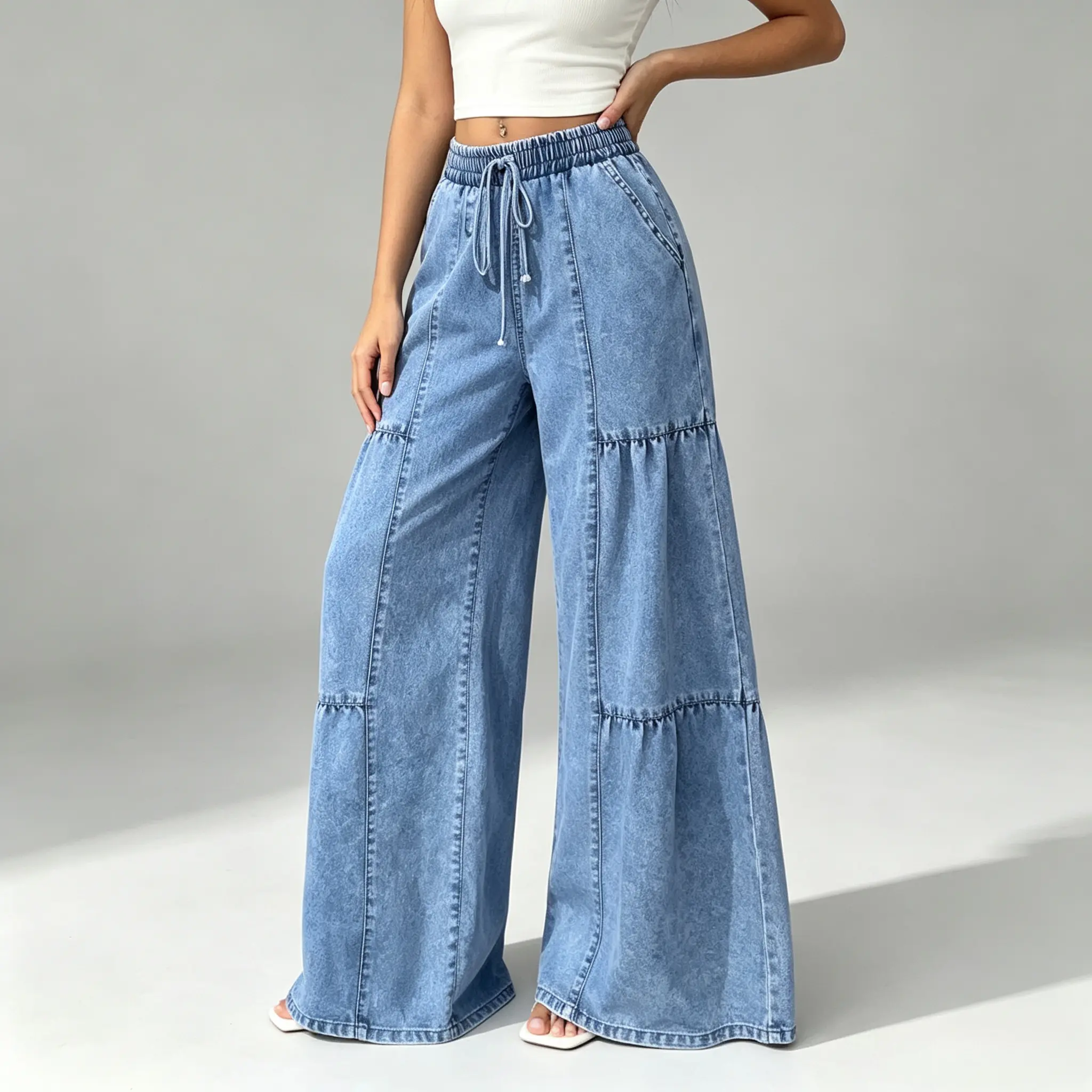 Women'S Drawstring Elastic Waist Patchwork Wide-Leg Jeans, Washed And Worn-In Loose Flowy Pants