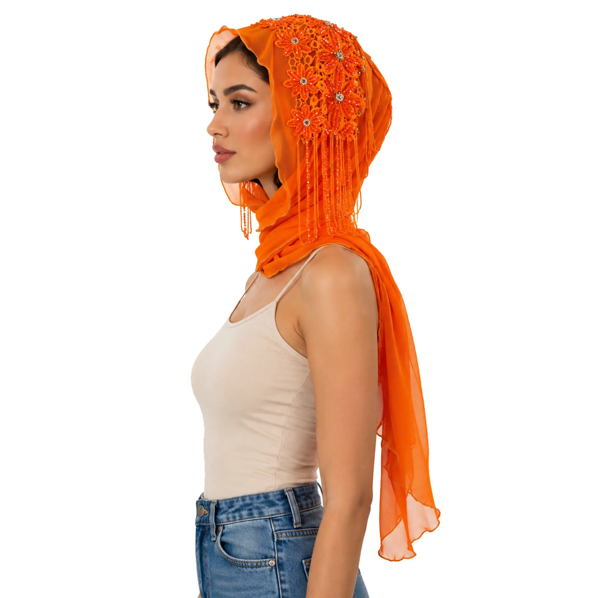 Vibrant Orange Beaded Floral Lace Long Scarf Hijab Headwrap - Draped Sheer Chiffon Shawl with Hanging Beaded Tassel - Summer Party, Modesty Fashion Sports Headband for Travel