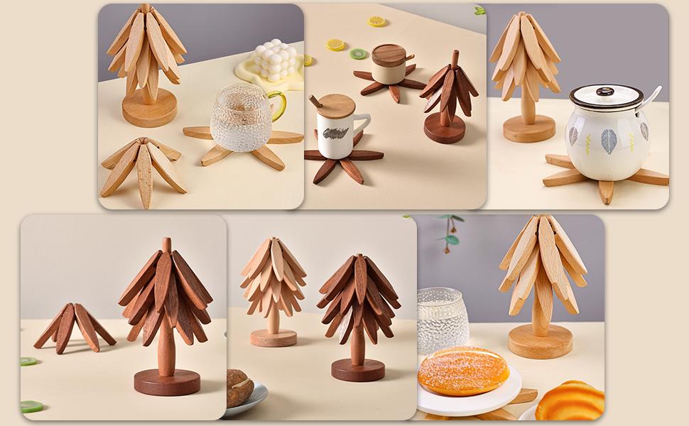 Wooden Trivets for Hot Dishes, Tree Shape Trivet Set, 4 Walnut Wood + 1 Stand stored Like a Christmas Tree,Foldable Kitchen Wooden Trivet,for Hot Dishes、Pot、Bowl、Teapot、Hot Pot Holder(Walnut Wood)-5
