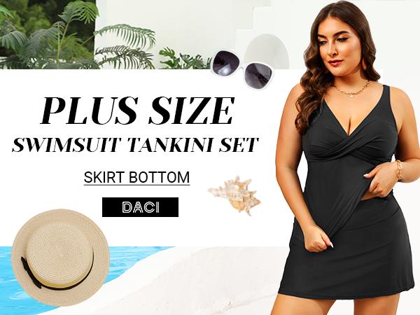 Daci Women Plus Size Two Piece Tankini with Skirt Tummy Control Bathing Suits V Neck Swimsuits