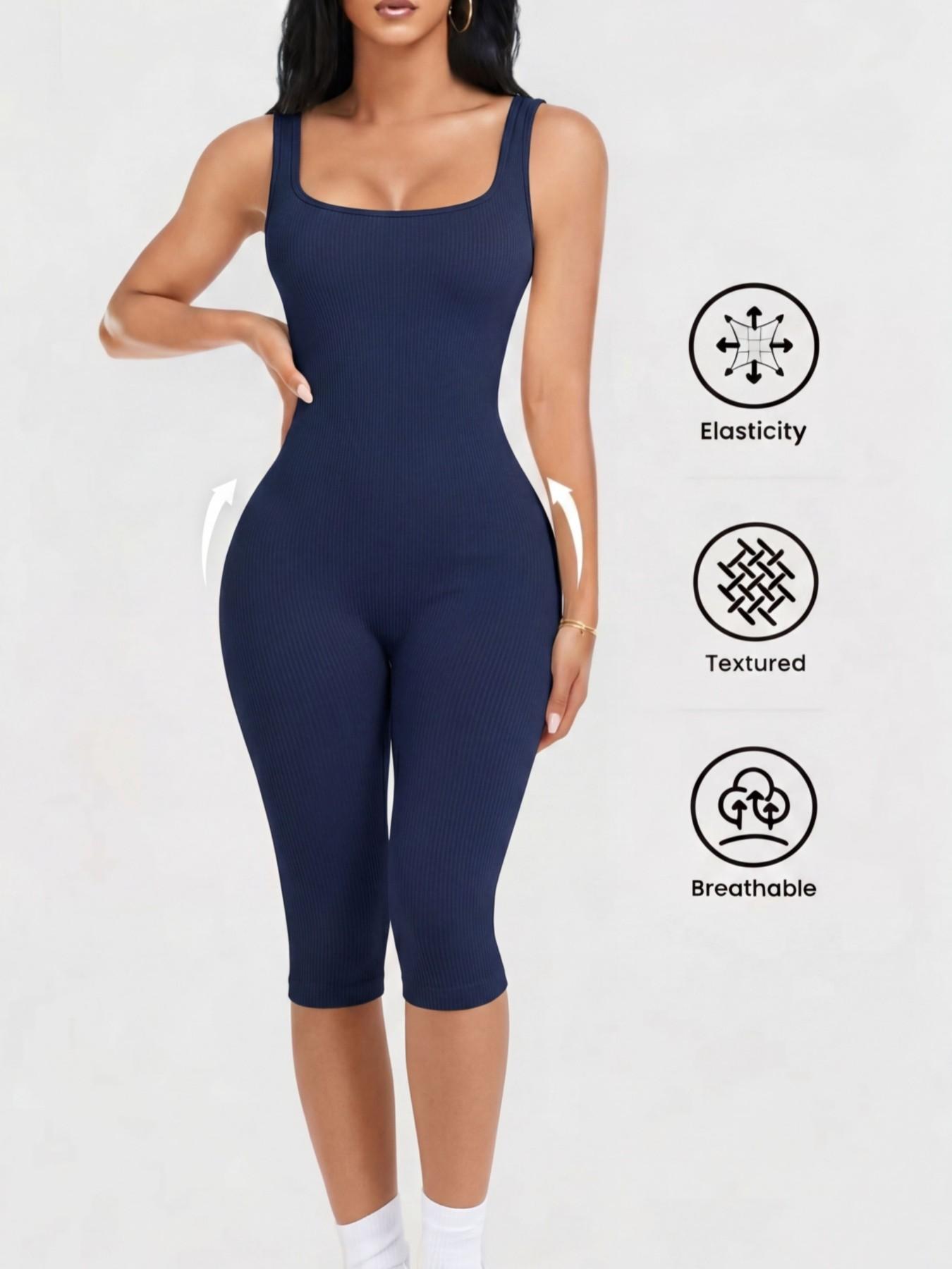 1/2PCS Women's Yoga Capri Jumpsuit Square Neck Backless Tummy Control Butt Lifting, Yoga Workout Jumpsuits Workout Shorts Romper Seamless Ribbed Sleeveless Unitard Fitness Gym for Gym Sports