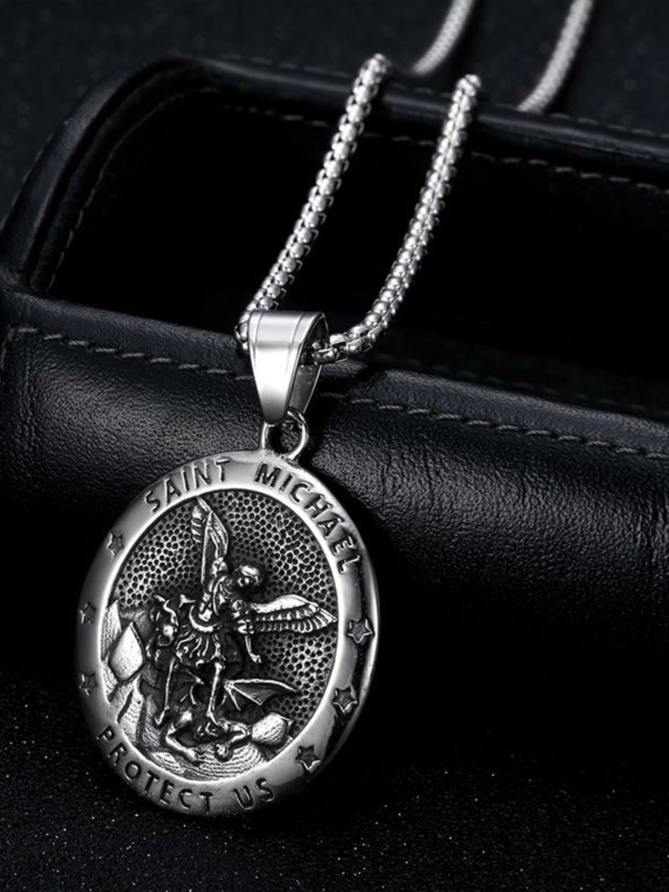 Vintage Saint Michael Angel Pendant Necklace, Unisex Titanium Steel Round Charm, Protective Jewelry for Men and Women, Unique Fashion Accessory