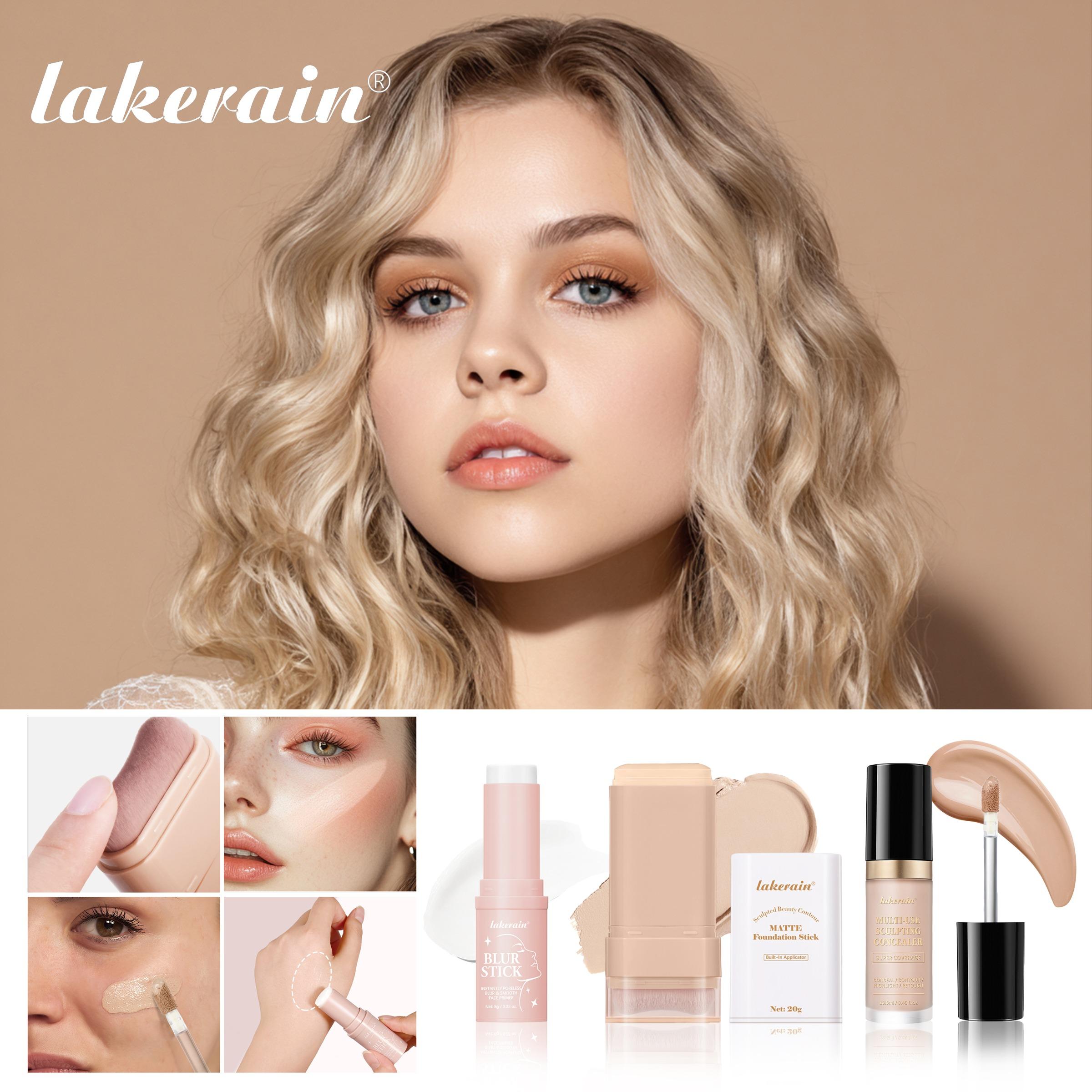 Face Base 3 in 1, Pore Minimizing Primer Stick + Multi-Use Concealer & Highlighter (Dual-Use) + Matte Foundation Stick with Brush, Long-Lasting Makeup Set, Waterproof & Sweat-proof, Full Coverage, Flawless Base Makeup Face Makeup Sets