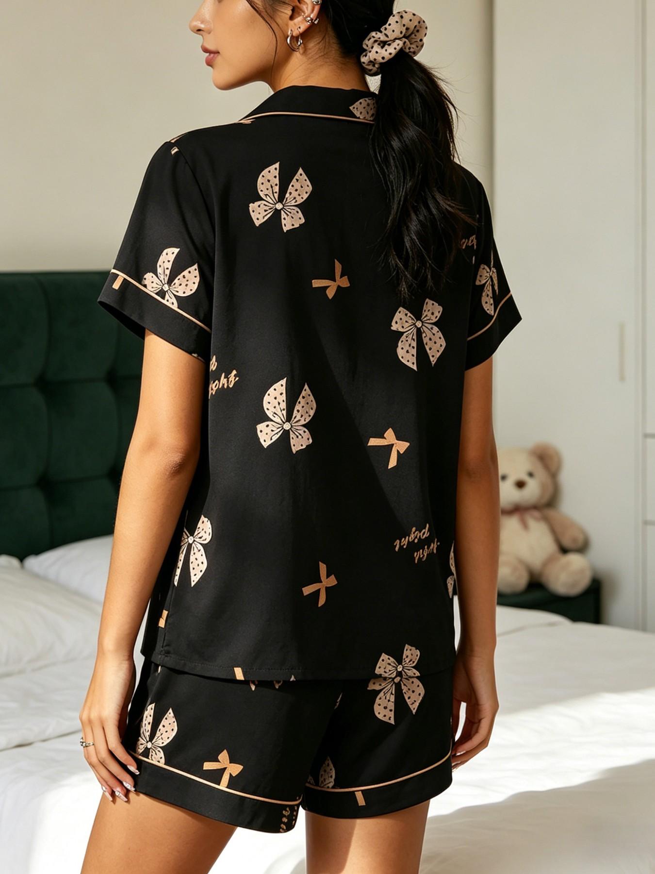 Women's 3-Piece Sleepwear Set, Short Sleeve Top & Shorts, Heart Butterfly Print, All-Seasons Casual Home Wear, Essential Daily, Loungewear Pjs Set