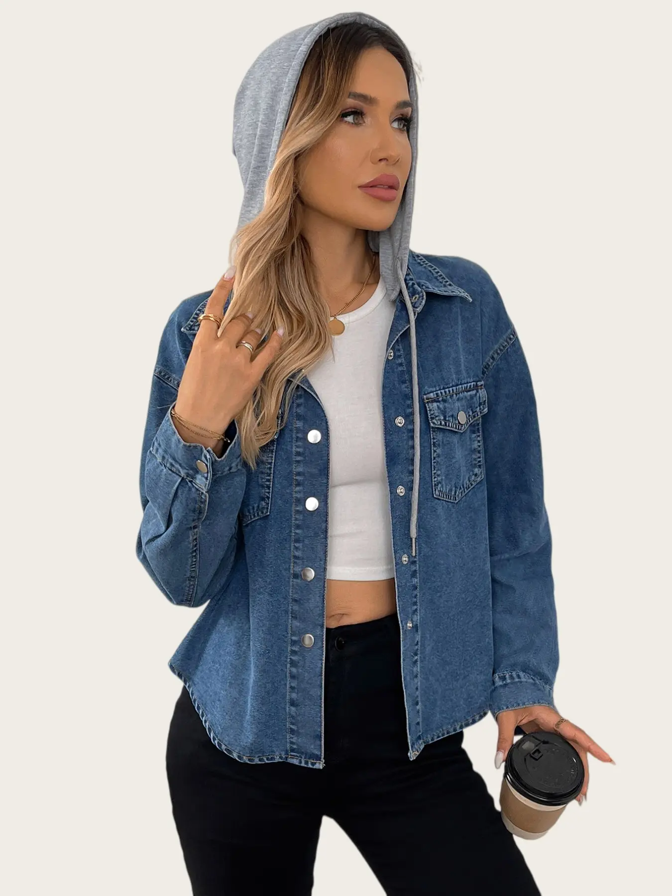 Women's Detachable Hooded Denim Shirt Jacket Coats Basic, Lapel Long Sleeve Button Front Chest Pocket, Loose Fit Casual Streetwear Fashionable Outerwear