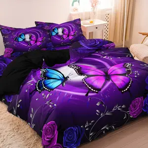  3pcs Purple Butterfly & Rose Floral Duvet Cover Set, Vibrant Print Bedding Set for Bedroom Decor, For Family Bedrooms Dormitories Hotels (1 Duvet Cover + 2 Pillowcases No Comforter No Pillow)