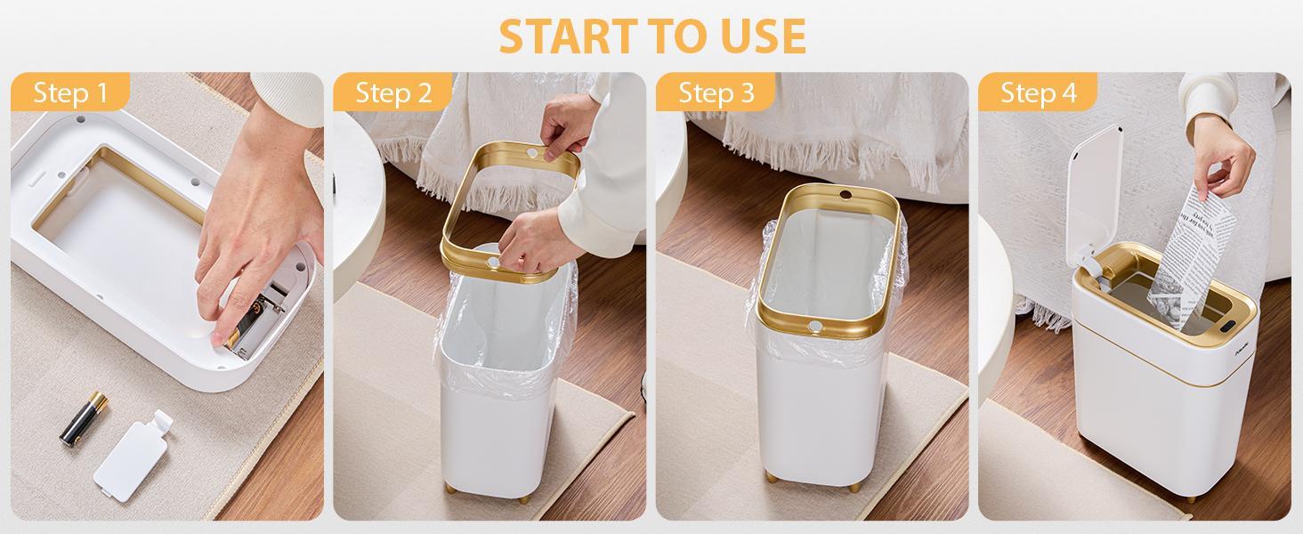 PUKOMC Rechargeable Smart Sensor Trash Can. Enjoy hands-free opening with a wave or knee, plus a removable liner for easy cleaning. Sleek, waterproof, and durable.