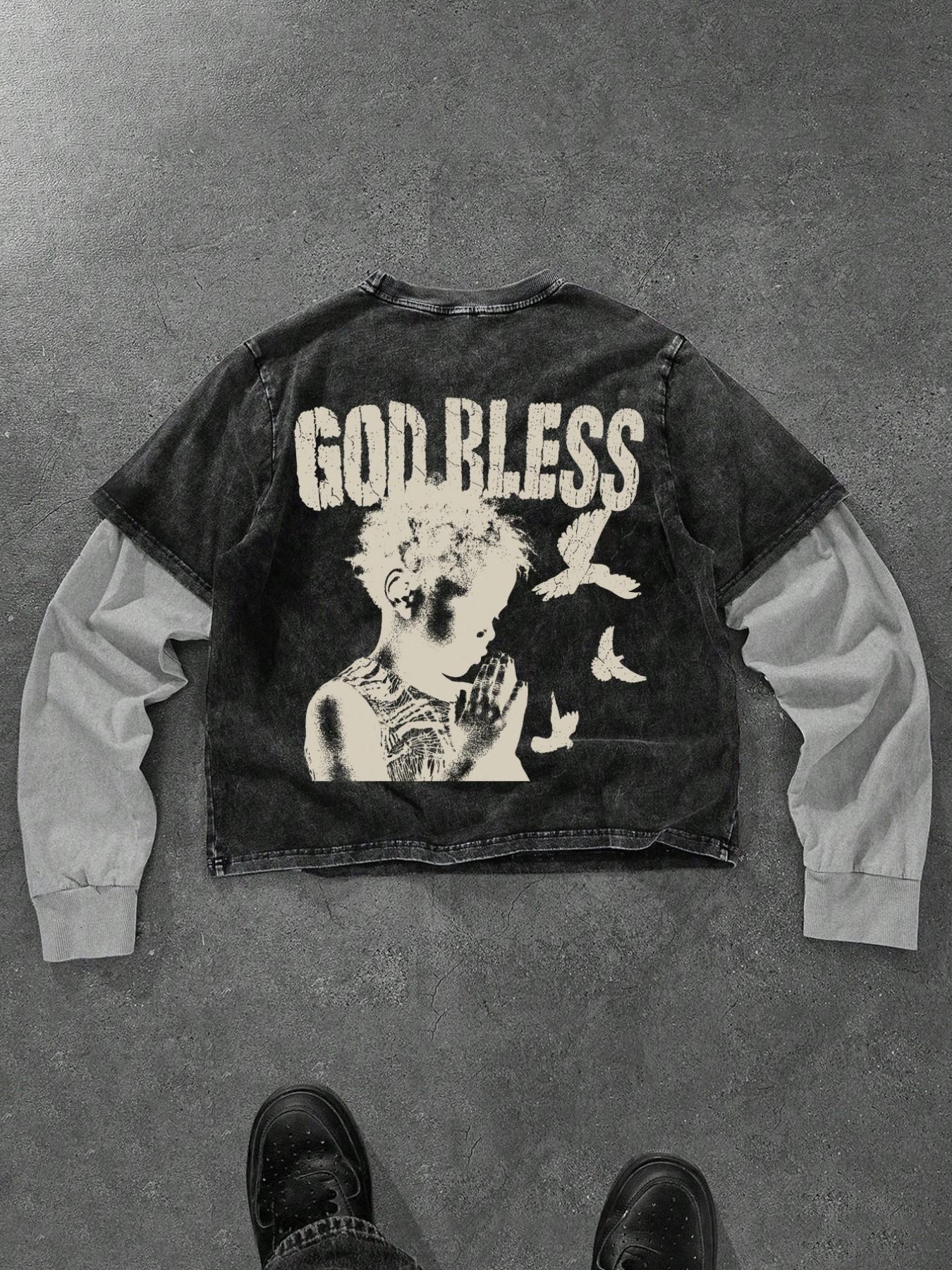 Men's Washed Cotton Mock Two-Piece Round Neck Long Sleeve Fitted Tee, with Star Print Design, a Casual and Trendy All-season Wardrobe Essential