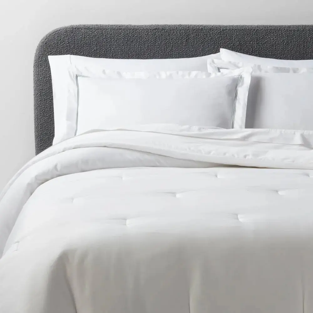 3pc Full/Queen Luxe Embroidered Border Comforter and Sham Set White/Light Teal Green - Threshold: Cotton Sateen 310 Thread Count