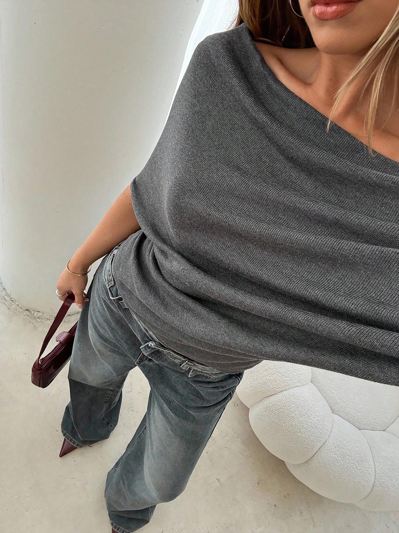 Women's Summer Autumn Plain Asymmetrical Shoulder Batwing Sleeve Knit T-Shirt, Loose Fit Drop Shoulder Short Sleeve Top Women's Summer Autumn Plain Asymmetrical Shoulder Batwing Sleeve Knit T-Shirt, Loose Fit Drop Shoulder Short Sleeve Top