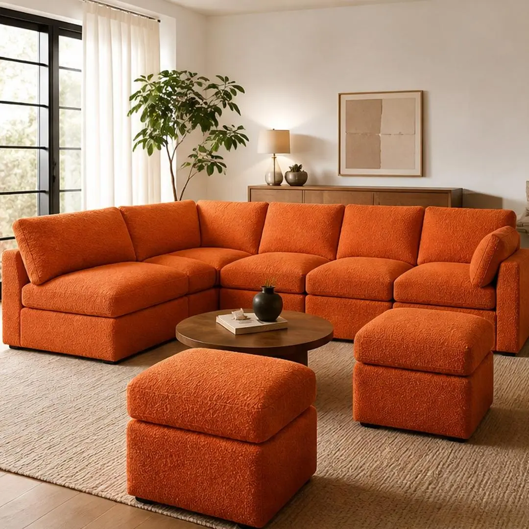 107-Inch Modern Boucle L-Shaped Sectional Sofa with Two Moveable Ottomans, 7-Seat Modular Cloud Couch with Pillows for Living Room, Orange