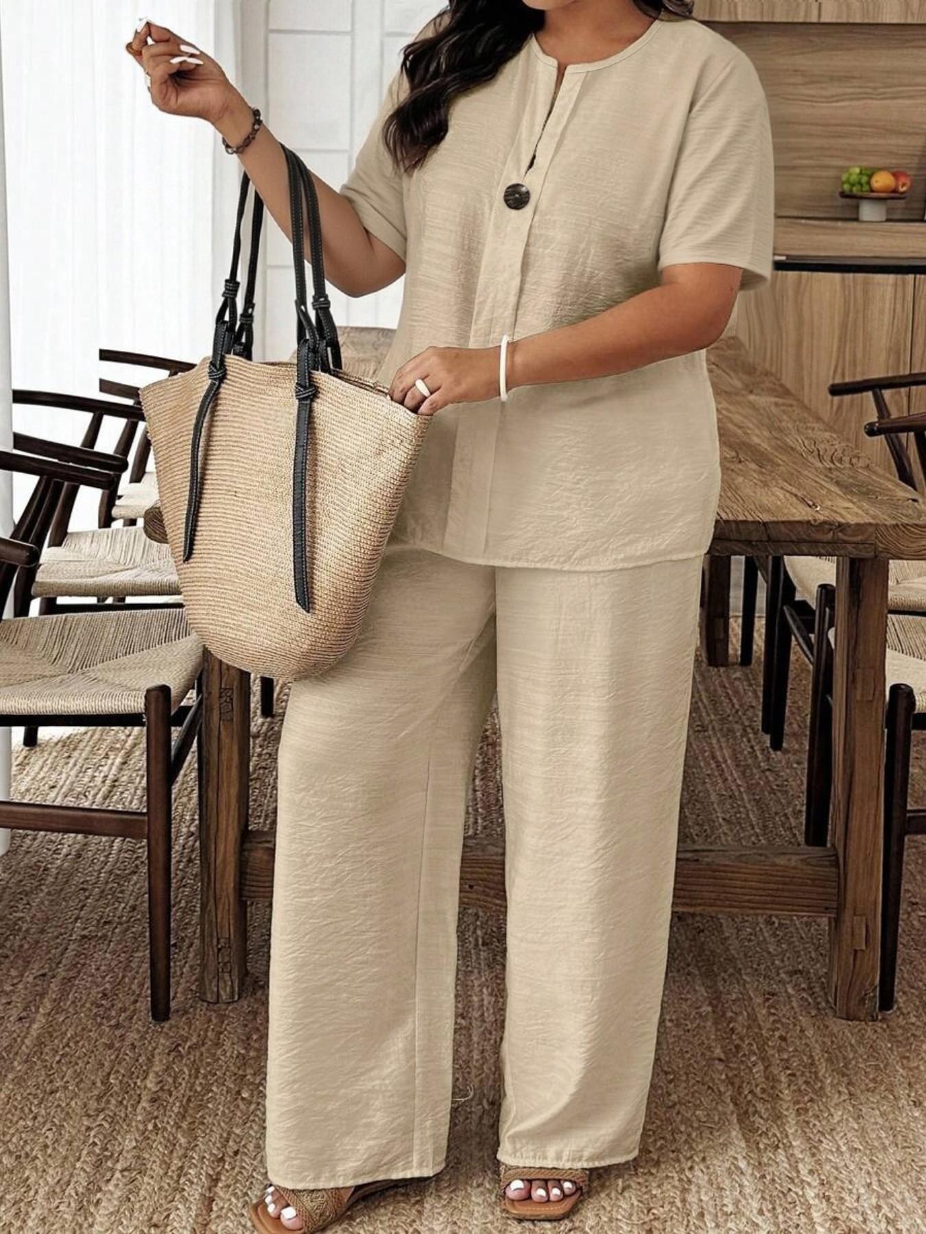 Summer New Plus Size Women's Casual Long Sleeve Shirt & Loose Pants Set, Perfect for Vacation