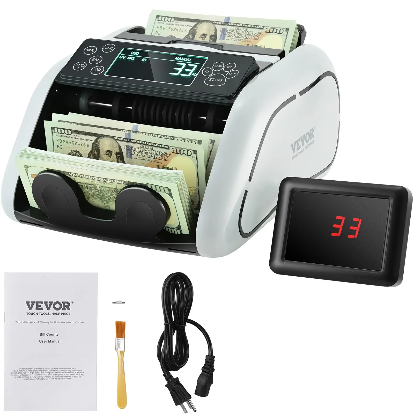 VEVOR Cash Counting Machine, Bill Counter with UV, MG, IR, DD Counterfeit Detection, External Screen Large LCD, for USD/EUR Bills, Ideal for Small Business