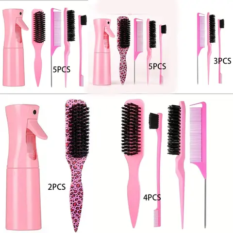 2/3/4/5Pcs Hair Styling Tools Set, Heatless Styling Tools, Pink Detangler Brush, Rat Tail Comb, Teasing Brush, Edge Brush & Fine Mist Spray Bottle, Salon Haircare for Women