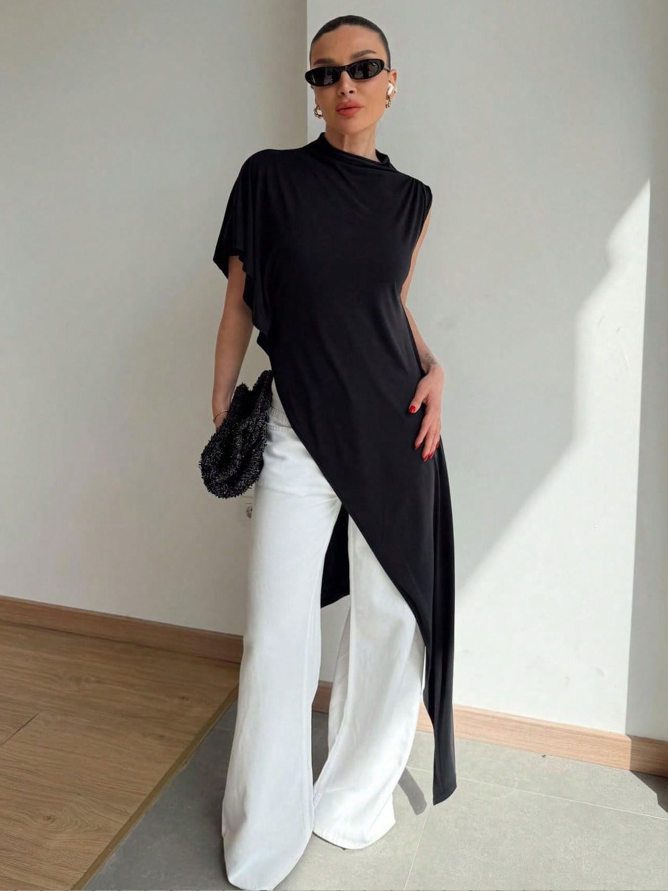 Women's Summer Minimalist High Street Half-Neck Asymmetric Sleeve Long Coat, Irregular High Split Hem, Comfortable Fabric, Versatile