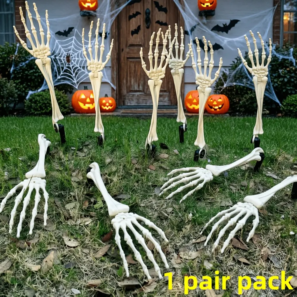 1 Pair Poseable Skull Hands Decor, Realistic Halloween Plastic Skeleton Hands with Articulated Fingers for Garden, Lawn, Haunted House & Party Decorations, Creepy Holiday Prop Must-Have, Party Decor Props