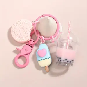 Cute keychain ice cream bubble tea biscuits pink keychain