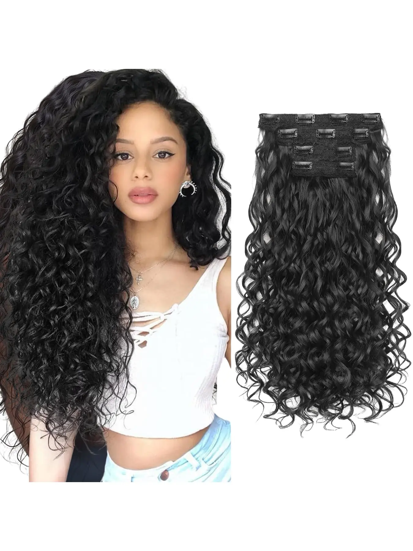 4PCS Clip In Hair Extensions, 20 Inch Deep Curly Synthetic Hair Pieces, Thick Voluminous Natural Looking Clip On Curly Hair Extensions For Women Daily Wear Dating Party Club Cosplay