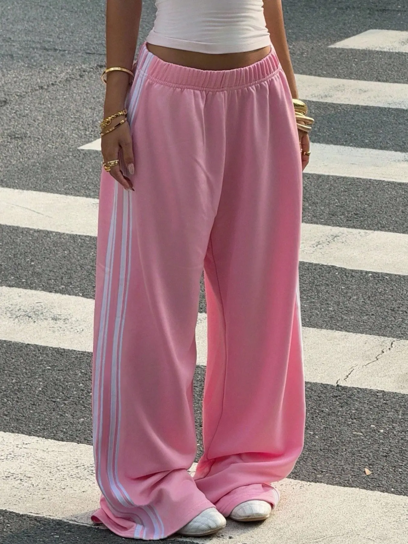 Sweet Cool American Style Side Stripe Wide Leg Sweatpants, Elastic High Waist Flowy Long Pants, Daily Casual Wear for Girls 13-16 Years