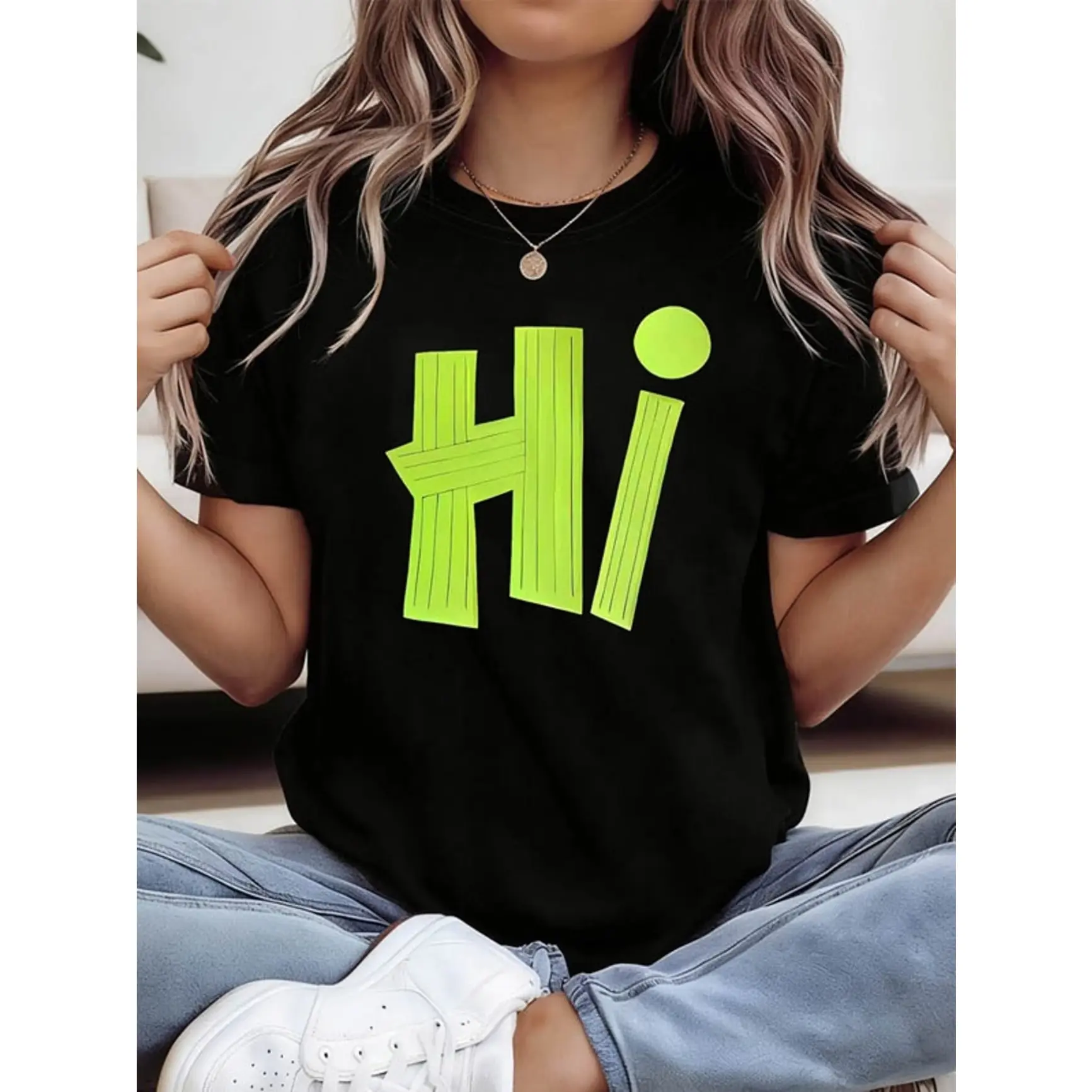 Hi Neon Art Letter Graphic Cotton T‑Shirt,Oversized Comfort Cute Fashion Outfit,Valentine’s Day Gift For Her Him,Best Holiday Present For Lover Family Friends