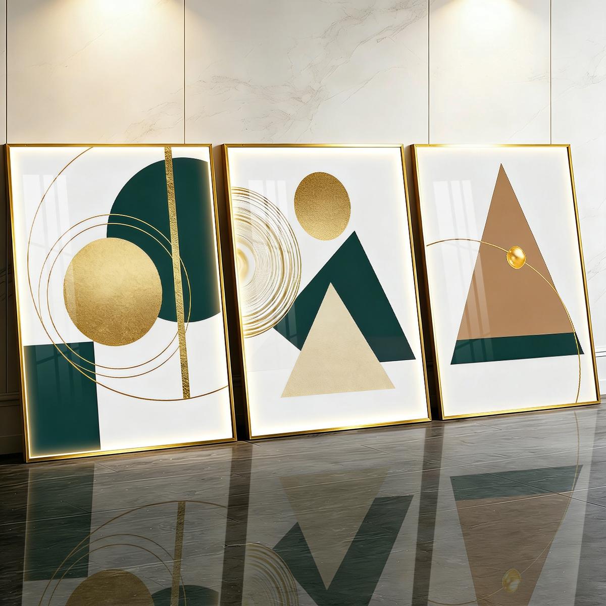 3 Counts Aluminum Alloy Framed Painting, Geometric Gold And Green Abstract Shapes Pictures, Home Decoration For Living Room, Bedroom, Office, Restaurant, Hallway Wall Decor, Odorless Print Artwork, Luxury Perfect Gift For Friends And Family