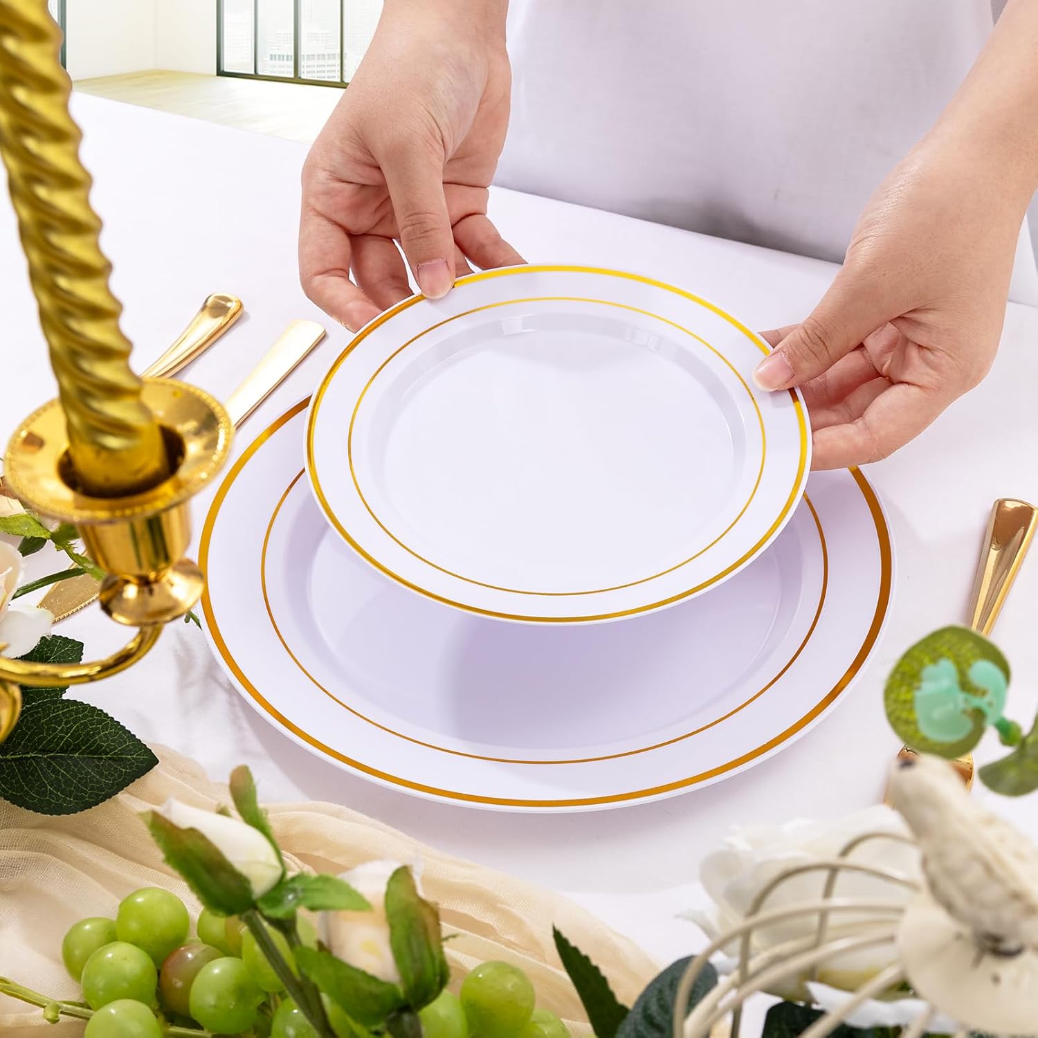Gold/Silver/Rose Disposable Plates and Silverware Set: Dinner Plates,Dessert Plates, Cups,Napkins,Knife, forks, spoons-Perfect for Party