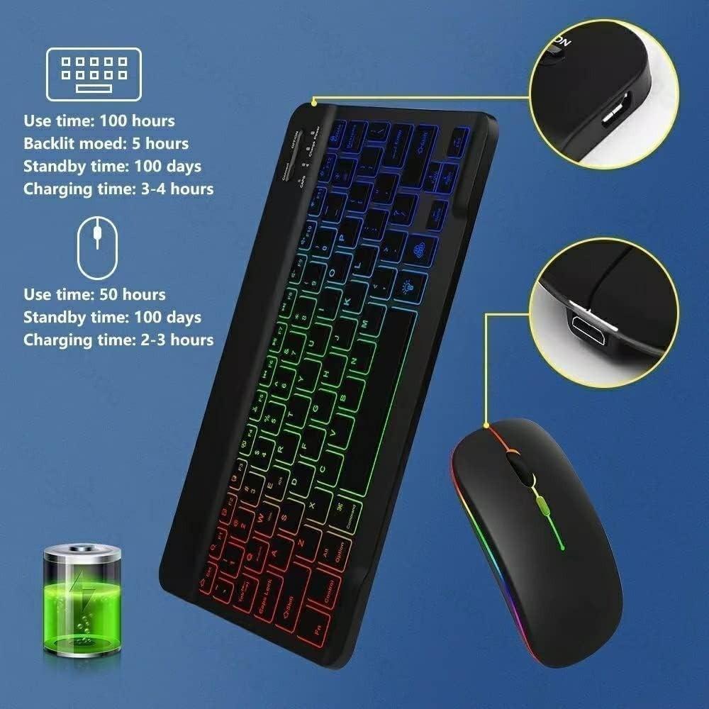 Ultra-Slim Lightweight Bluetooth-compatible Keyboard and Mouse, Portable Mini Wireless Keyboard, Rechargeable 7-Color Backlit, for Apple iPad iPhone Tablet Smartphone